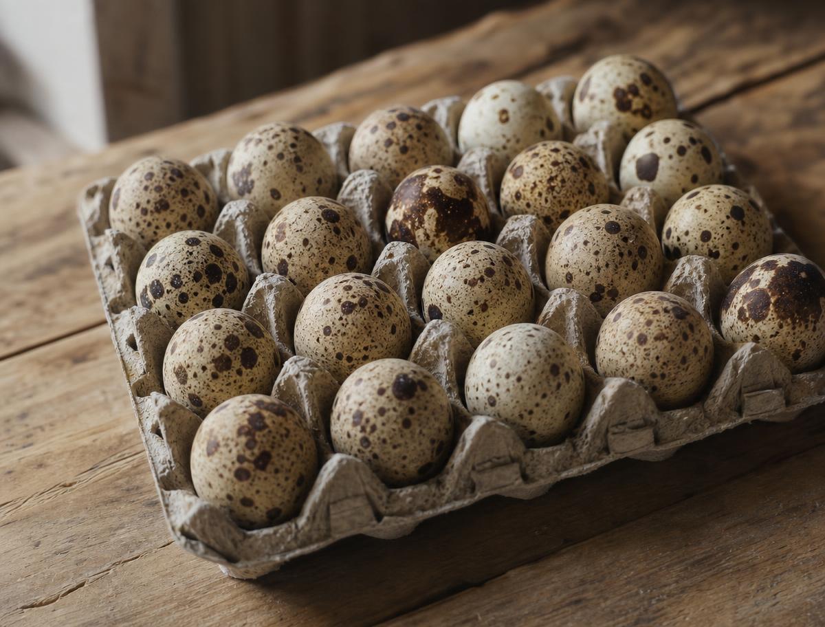 Speckled fertile bobwhite hatching eggs packed in a carton