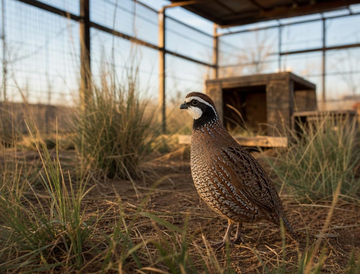 A mature flight-conditioned bobwhite quail in a covered flight pen
